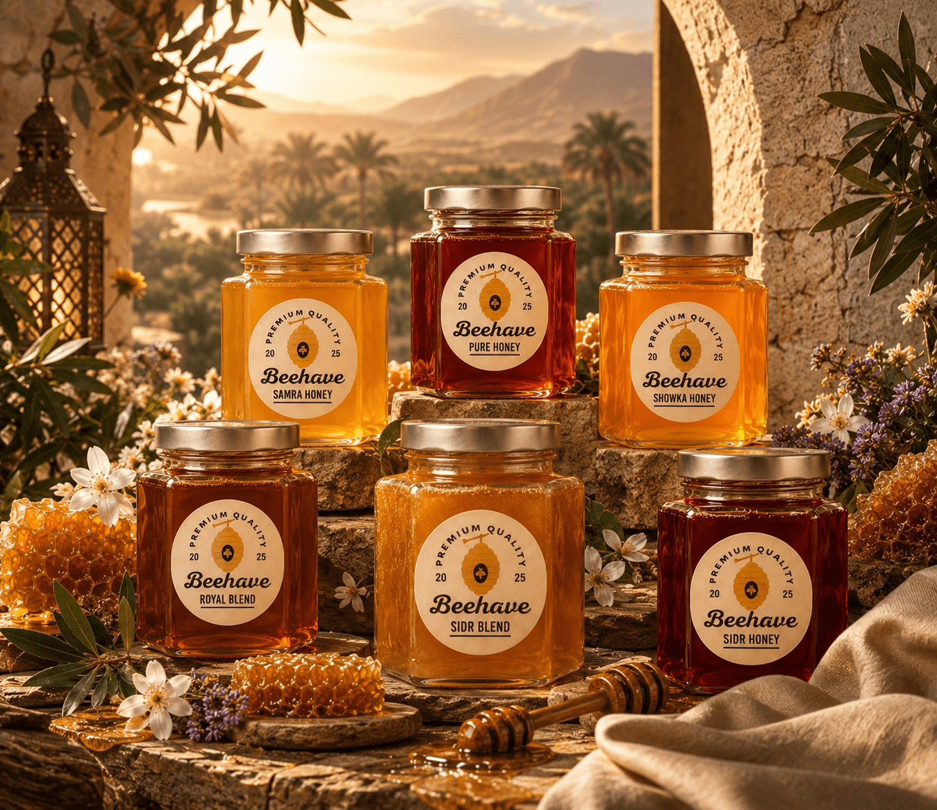 Beehave honey jars lined up: Samra, Pure, Showka, Royal Blend, Sidr Blend and Sidr