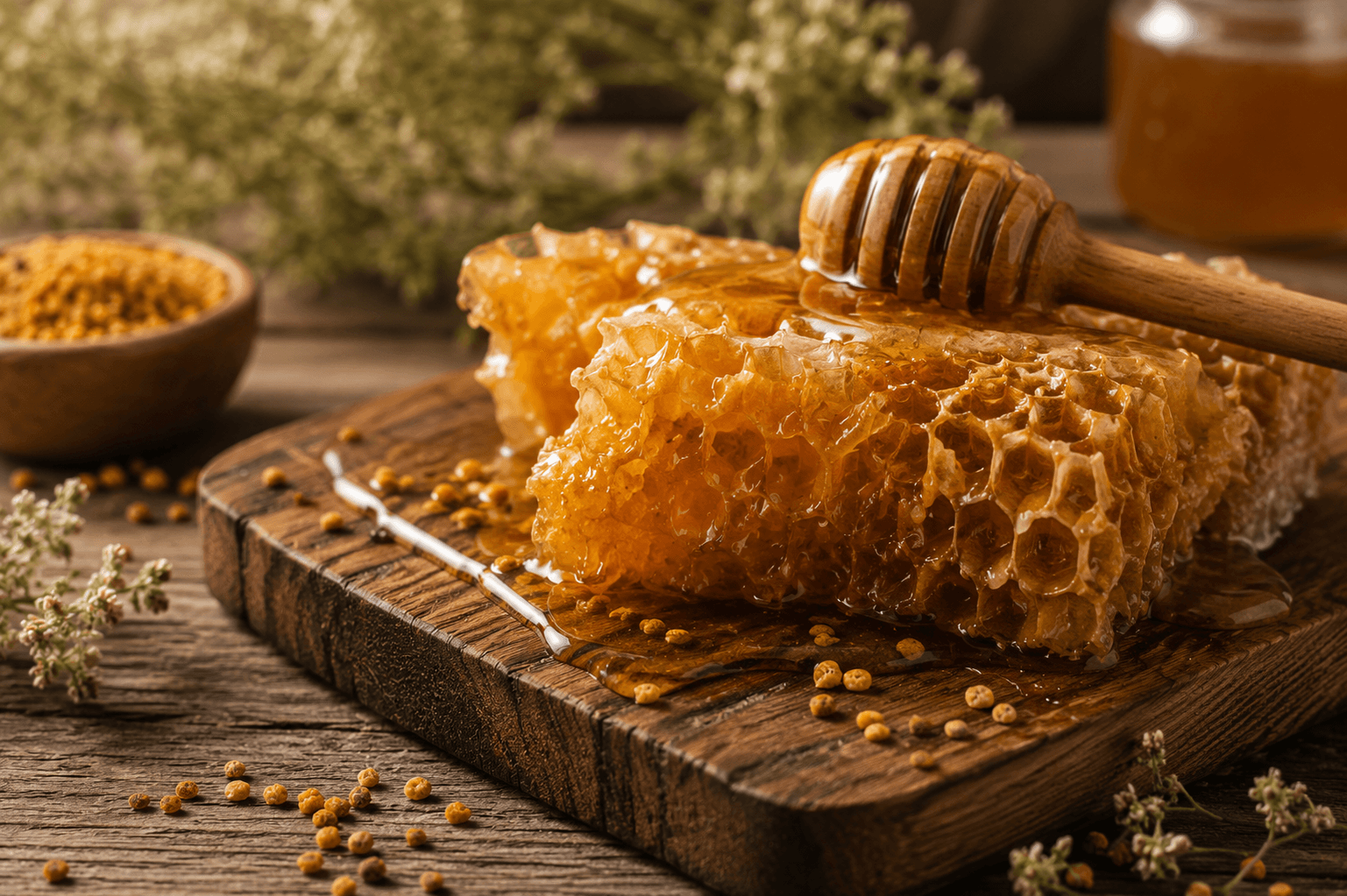 Fresh honeycomb with bee pollen, pure and raw from the hive